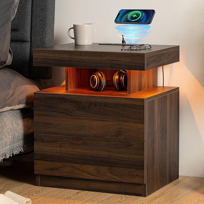 HOMMPA Set of 2 Rustic Nightstand with Wireless Charging Station LED Bedside Table with 2 Drawers End Table with Open Shelf Smart Nightstand Night Stand with Led Light for Bedroom Dark Walnut Wood - Image 7