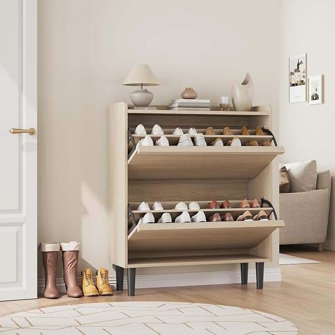 GarveeHome Shoe Cabinet with 2 Flip Drawers, Wooden Shoe Organizer Cabinet with Adjustable Shelf, Shoe Storage for Entryway, Hidden Shoe Cabinet for Hallway, Living Room, Natural Oak - Image 4