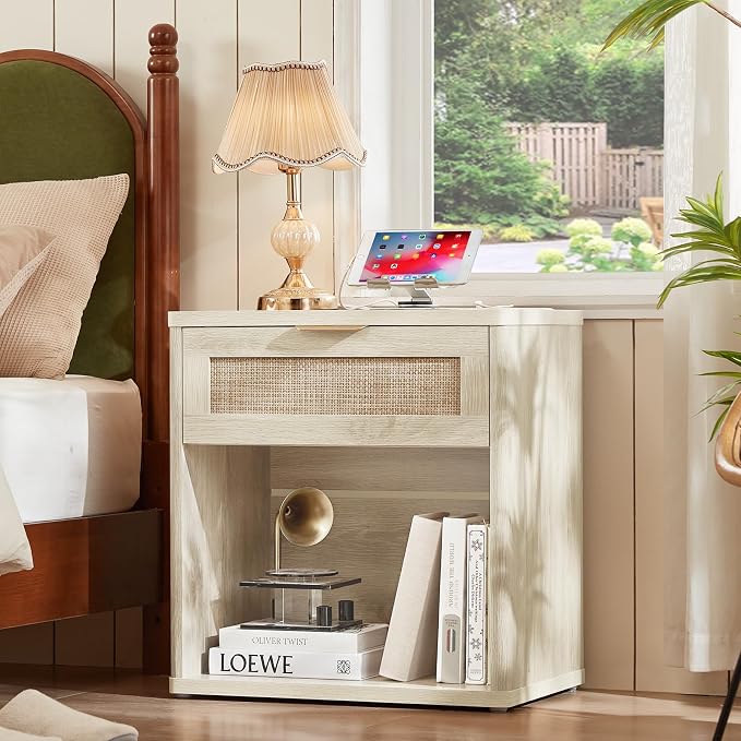 LEYAOYAO Rattan Nightstand with Charging Station, 23" Wide Boho Night Stand with Drawer, Grey White Bedside Table Open Storage Cabinet, Bed Side End Tables Dresser for Bedroom, Living Room, Hallway - Image 3