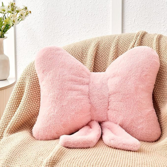 Pink Bow Pillow,12'' Bow Shaped Pillow with Faux Rabbit Fur,Soft Bow Throw Pillows Aesthetic Bow Decorative Pillows for Bed Sofa Couch Home Decor