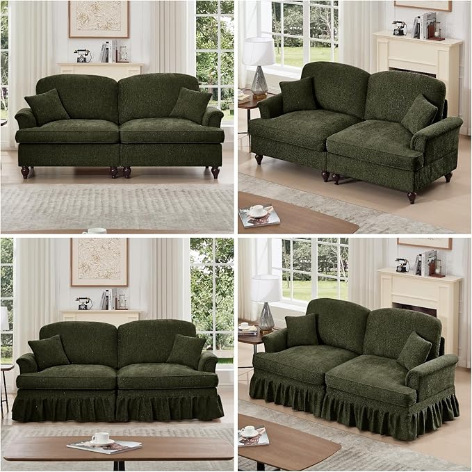 Oversized Large Two Seater Sofa, Comfy Chenille Love Seat Couch with Removable Ruffles Pleats & Large Petal-Shaped Armrests, Elegant Mid Century Convertible Sofa with Spindle Legs, Green