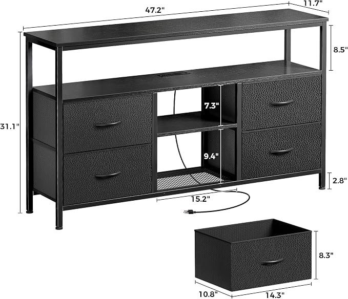 Huuger 47 Inch TV Stand Dresser with Power Outlets and LED Lights, Fabric Dresser for Bedroom with Storage, 4 Drawers Entertainment Center with Open Shelf, Media Console for 55 50 Inch TV, Black - Image 7