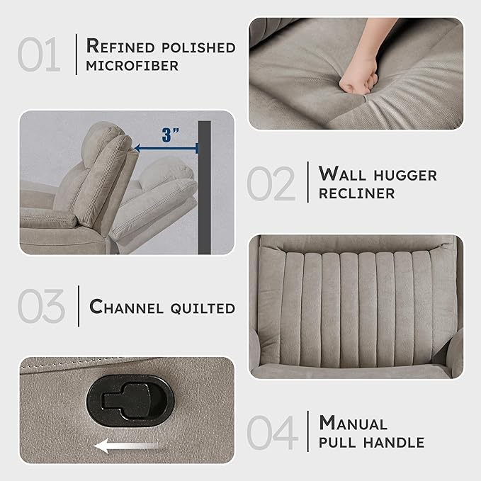 Lexicon Manual Double Reclining Sofa, Polished Microfiber Upholstered 3 Seater Manual Sofa Recliner for Living Room, Wall Hugger, Easy Assembly, Dove