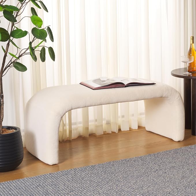 SAFAVIEH Home Collection Tenko Cream Faux Shearling Curved Waterfall Bench (Fully Assembled) by SAFAVIEH