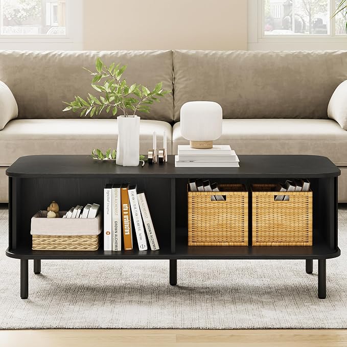 Coffee Table with Storage, 47.2" Mid Century Modern Coffee Tables for Living Room, Rectangle Wood Center Table with Sliding Tambour Door & Adjustable Leg for Living Room, Black