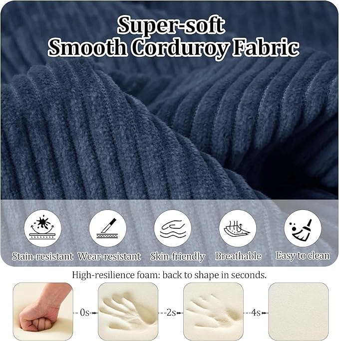53.15'' Convertible Compressed Corduroy Folding Sofa Bed, Modern Boneless Pull Out Loveseat Sleeper in a Box, 4 in 1 Floor Mattress Futon Cloud Couch, No Assembly Needed, Navy Blue, 2 Pillows, Full