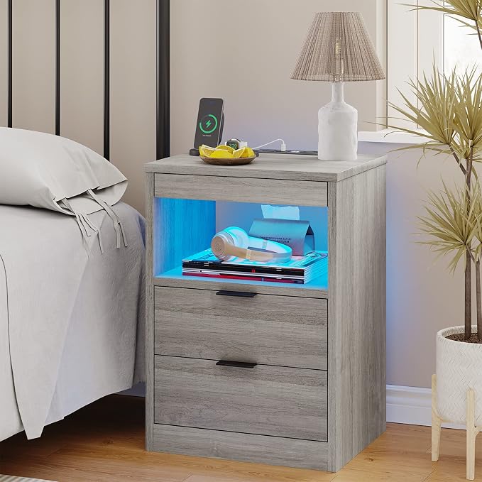Tiptiper LED Nightstand with Wireless Charging Station, Farmhouse Nightstand with LED Light, Rustic End Table Side Table with Drawers, Pull-Out Tray and Open Storage, Grey Wood Grain - Image 7