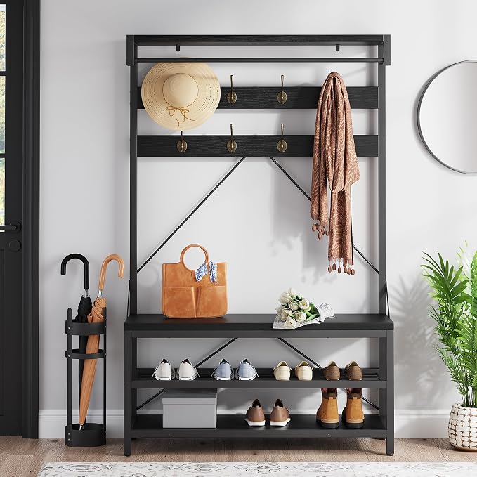 IDEALHOUSE Coat Rack Shoe Bench Industrial Hall Tree Storage Bench for Entryway Wood Look Accent Large Shoe Rack with Storage Shelf Hanging Bar,8 Hooks Grey 39.9"x15.7"x72" - Image 2