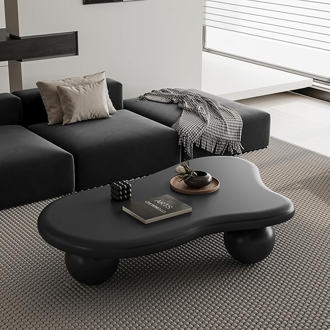 47" Cloud Coffee Table for Living Room Irregular Coffee Table Modern Low Coffee Tables Abstract Faux Stone Cute Center Table with 3 Ball Legs for Small Space Apartment Black