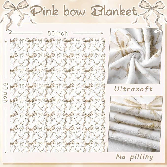 Buryeah Beige Bow Throw Blanket Valentine's Day Galentines Day Gifts Preppy Blanket Coquette 50 X60 Flannel Soft Cute Bow Lightweight Aesthetic Room Decor for Women Friends for Sofa Couch Travel Bed