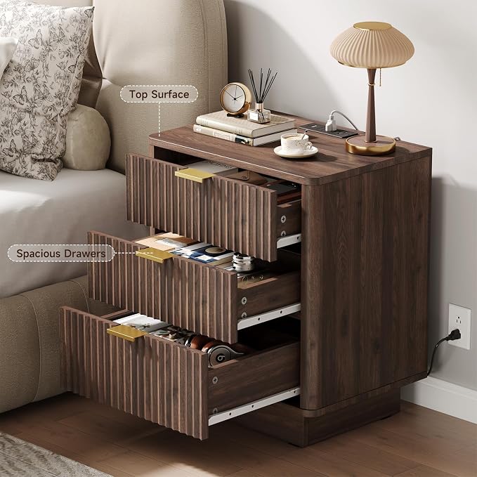 GOLDDAY Nightstands Set of 2 with Charging Station & LED Light, 3-Drawer Bedside Table with Outlets, Modern End Table with Open Shelf, for Bedroom, Home Office, Walnut - Image 6
