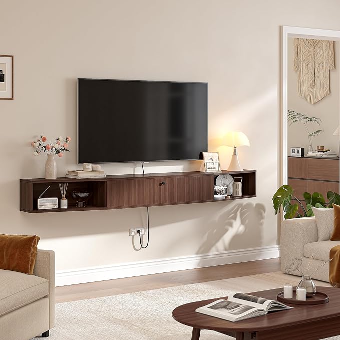 78inch Floating TV Stand, Plywood Wall Mounted Media Console with 1 Flip Down Door & 5 Open Shelves, Modern Floating Entertainment Center with Wire Management for Living Room, Walnut - Image 7