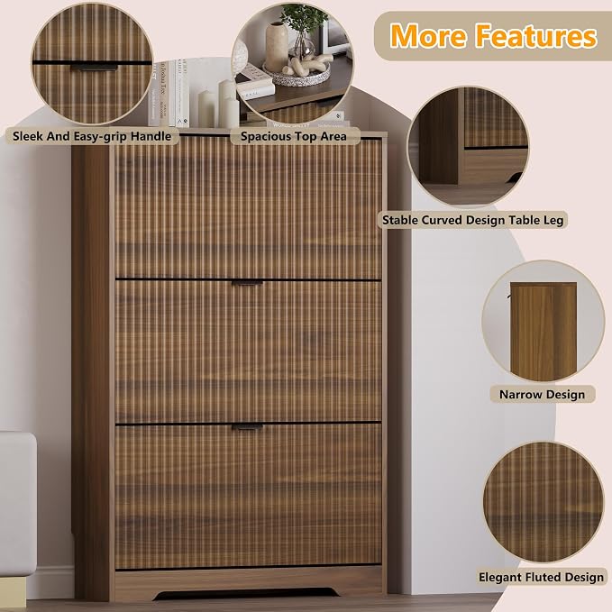 BORNOON Entryway Shoe Cabinet with 3 Flip Drawers, Narrow Shoe Organizer Cabinet with Fluted Panel and Adjustable Shelves for Foyer, Hallway - Image 4