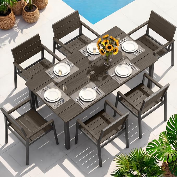Outdoor Dining Set for 6, Patio Table and Chairs Set with Umbrella Hole, 7 Pieces HDPS + Aluminum Outdoor Furniture Sets for Patio, Garden (Charcoal) - Image 7