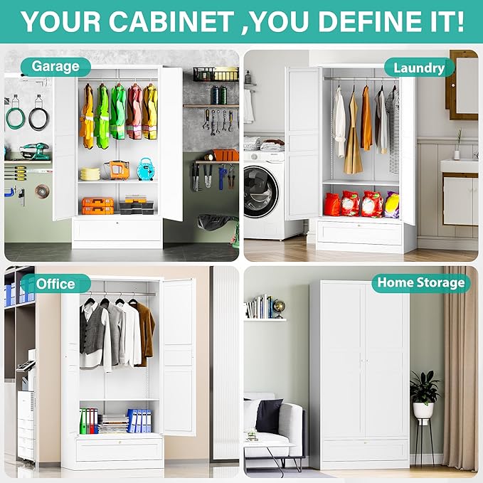 Metal Wardrobe Cabinet with Drawer and Hanging Rod,Armoire Wardrobe Closet with doors,White Metal Clothing Storage Cabinet with Adjustable Shelves,Armoire Storage Cabinets for Home,Bedroom Armoires