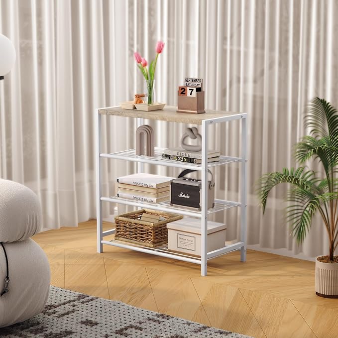 HOMEFORT 4-Tier Shoe Rack, Modern Industrial Shoe Storage Tower, Narrow Shoe Organizer for Closet Entryway, Small Shoe Rack Table with Durable Metal Shelves and MDF Top, White Oak - Image 5