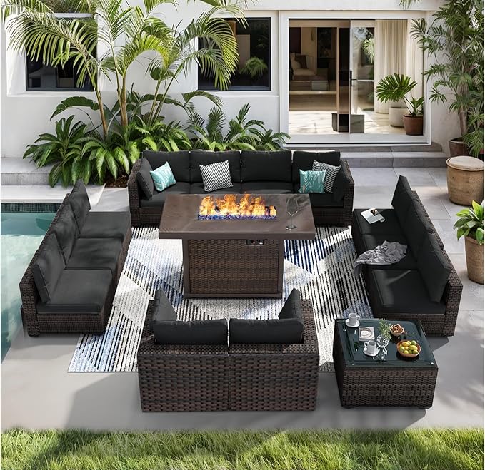 14 Pieces Patio Furniture Set with 44" Fire Pit Table, Rattan Outdoor Sectional Conversation Sets, All Weather Outdoor Furniture Set with Cushions for Garden Lawn Balcony Porch Deck Black