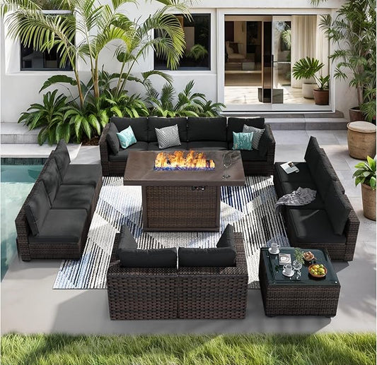 14 Pieces Patio Furniture Set with 44" Fire Pit Table, Rattan Outdoor Sectional Conversation Sets, All Weather Outdoor Furniture Set with Cushions for Garden Lawn Balcony Porch Deck Black