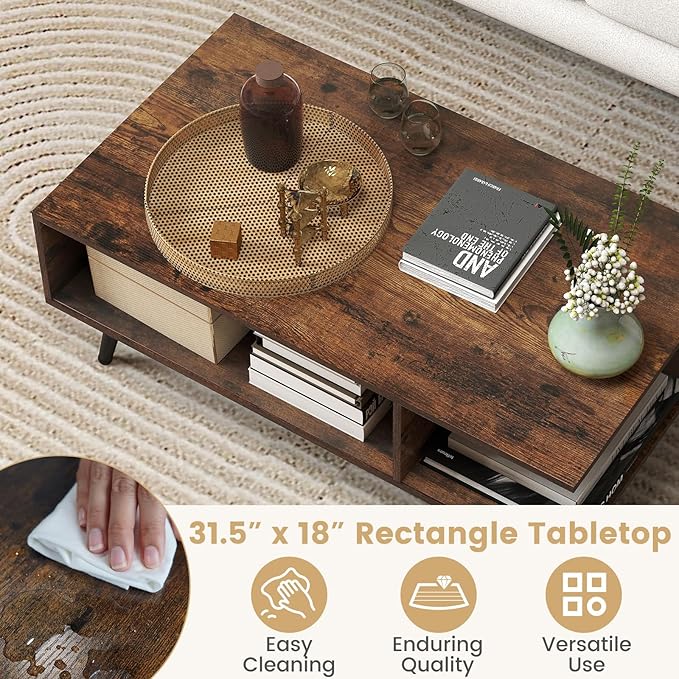Giantex Coffee Table with Storage, Mid Century Modern Center Table for Living Room, Rectangle Tea Table with Open Storage Shelf & Floor-Anti-Scratching Tapered Metal Legs, Rustic Brown (Rustic Brown)