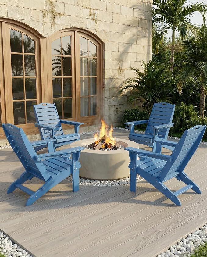 Adjustable Adirondack Chairs Set of 4 with Retractable Ottoman, HDPE Folding Adirondack Chair with Cup Holders, Weather Resistant for Backyard, Poolside & Fire Pit(Navy Blue) - Image 2