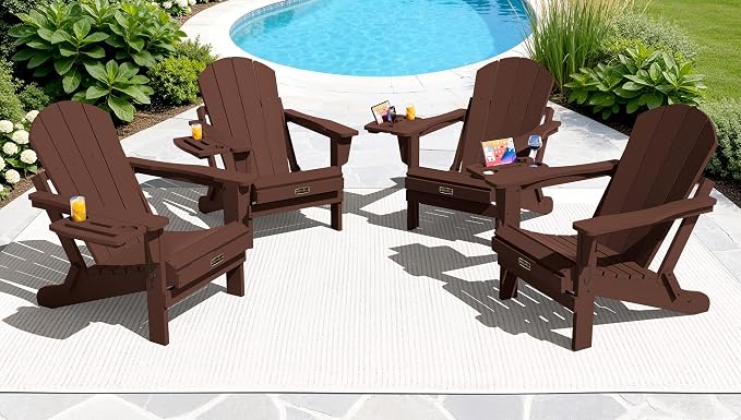SERWALL Folding Adirondack Chair for Outdoor, Paito Adirondack Chairs with 4 in 1 Cup Holder, All-Weather Patio Chairs with Wood Texture, Fire Pit Chairs for Deck Porch Garden Poolside -Coffee - Image 2