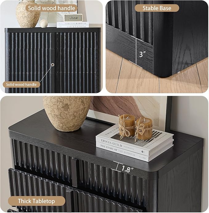 YANSNWO Black Fluted Dresser for Bedroom, 48.6" Tall 6 Drawer Dresser, Curved Profile Design, Modern Wooden Chest of Drawers with Solid Wood Handle for Living Room, Bedroom - Image 5