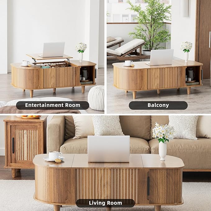 Lift Top Coffee Table, Oval Mid Century Modern Center Table with 3 Hidden Storage, 41" Coffee Tables with Sliding Door and Open Cabinet for Living Room Bedroom Office, Walnut Wood