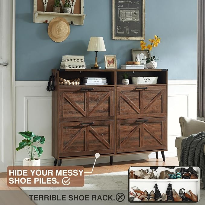 Barnyatoh Shoe Storage Cabinet,Farmhouse Shoe Organizer with 4 Flip Drawers & Barn Door Design,Freestanding Hidden Slim Narrow Shoe Rack Cabinet with Open Shelves for Entryway,Foyer,Hallway,Walnut - Image 3