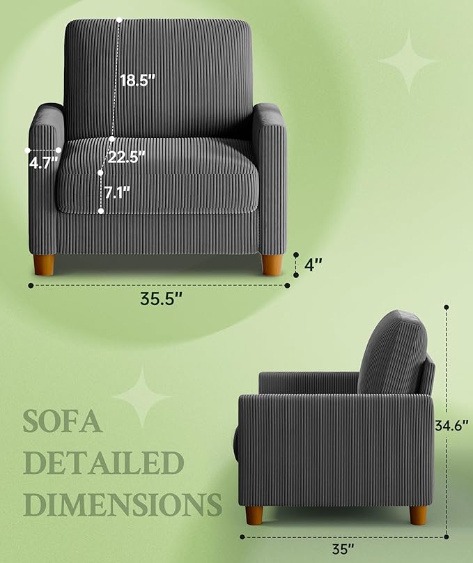 35.3" Couches for Living Room, Comfy Grey Couch Single with 22.5" Deeper Seat, Accent Chair Tool-Free Setup, Reading Chair 440lbs Support, Corduroy Couch for Bedroom, Apartment, Office