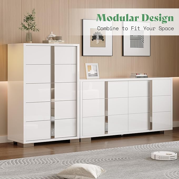 AMERLIFE 4 Piece Bedroom Dresser Set, Modern High Gloss UV Finish, 2 Nightstands, Chest of 5 Drawers & 6 Drawer Dresser, Electroplated Metal Handles, Bedroom Furniture Set, White