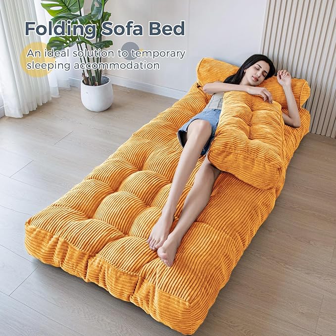 MAXYOYO Folding Sofa Bed, Convertible Sleeper Chair with Pillow Foldable Mattress with Back Support, Portable Fold Out Chair Bed Comfy Floor Sofa Lounge for Living Room Bedroom, Orange, Single