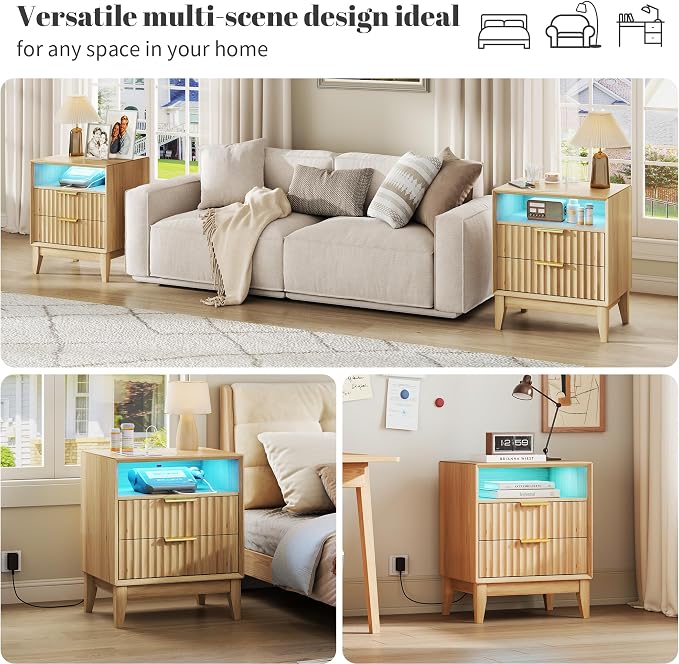 LVSOMT 20'W Fluted Nightstand with Charging Station, LED Night Stand with RFID Lock Hidden Drawer, Mid Century Morden Bedside Table for Bedroom, 2 Drawers and Open Storage Cubby, Natural Oak - Image 10