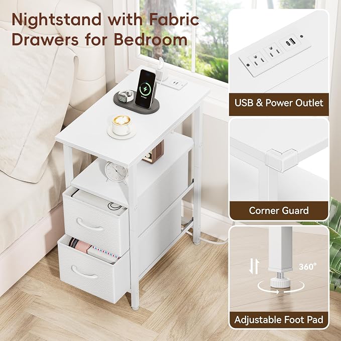 Vagusicc White Nightstand with Charging Station and LED Lights, Narrow Side Table, LED Night Stand with 2 Fabric Drawers, Bedside Table with USB Ports and Outlets, Tall Nightstand for Bedroom, White - Image 6