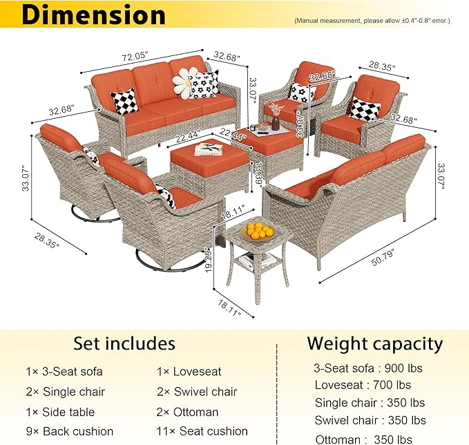 HOOOWOOO 9 Piece Patio Furniture Conversation Sets with Swivel Rocking Chairs,Outdoor Wicker Furniture with Ottoman,All Weather Resistant High Back Rattan Conversational Set(Red)