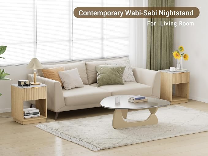 Fluted Nightstand, Night Stand Set 2, Nightstands Set of 2 with Charging Station and Faux Marble Top, Wooden End Table with Drawer, Modern Bedside Table for Bedroom Living Room, Natural Oak - Image 7