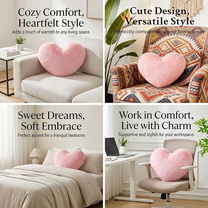 RAINFLOW Decorative Heart Pillow – Throw Pillow for Room Decor, Pink Throw Pillows Plush Faux Fur, Decorative Pillows for Bed Couch Bedroom, Christmas Pillows Gift