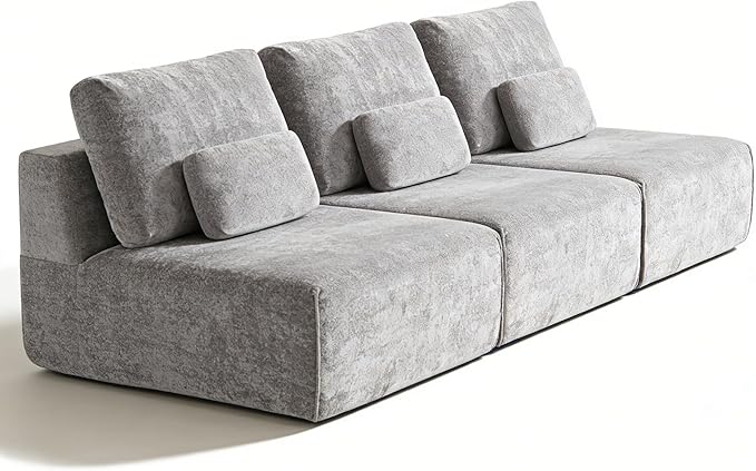 Modular Sectional Sofa, 3-Piece Grey Plush Velvet Couch Loveseat, No-Assembly Compressed Deep-Seat 3-Seat for Living Rooms Apartments Family Spaces