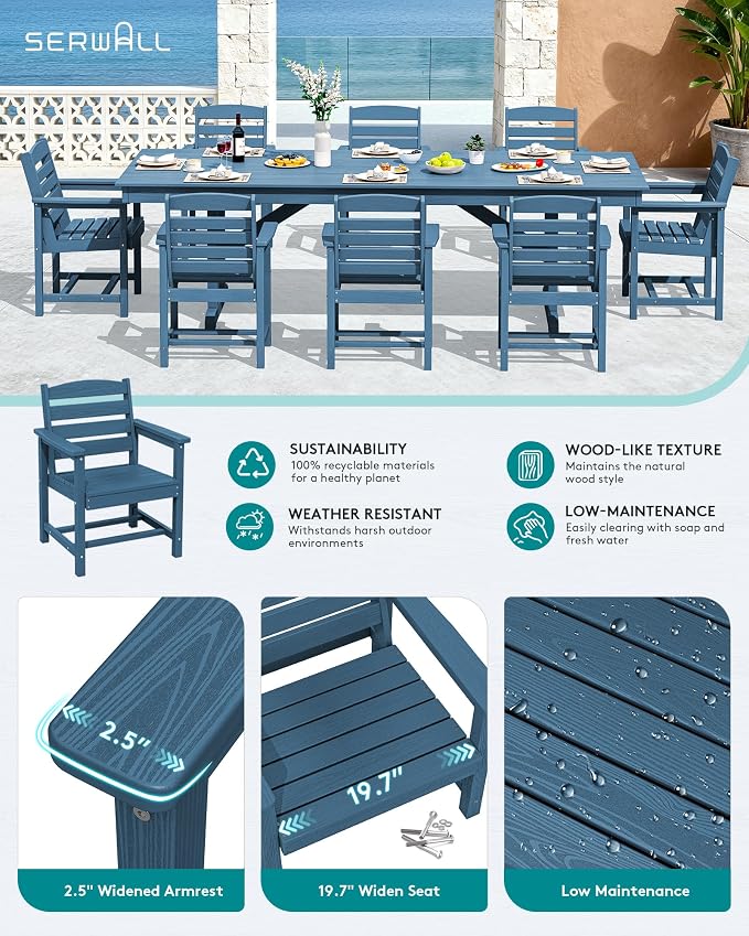 SERWALL Outdoor Dining Chairs Set of 4, All-Weather HDPE Patio Chair with 19.7" Widened Seat, for Backyard, Garden, Blue - Image 4