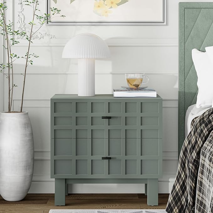 Aoikax Modern 2 Drawer Nightstand with Grid Carved Pine Front, Minimalist End Table Bedside Table with Metal Base for Bedroom, Ash Veneered Top, Metal Legs, Light Green by Aoikax