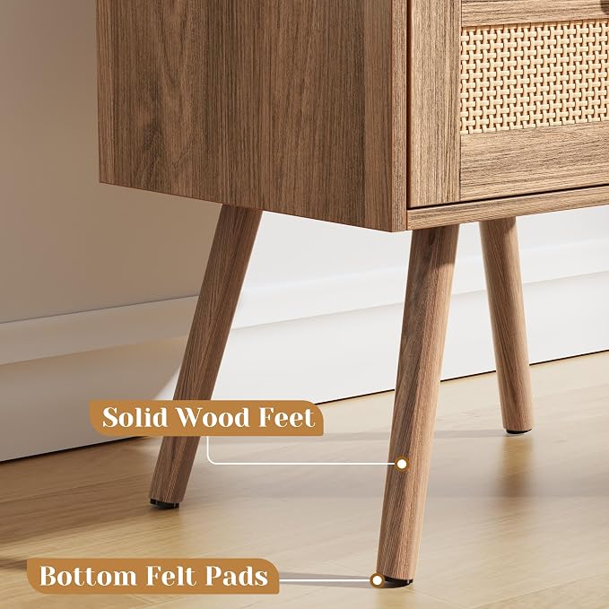 SUPERJARE Nightstands Set of 2, Night Stands with Charging Station & PE Rattan Decor Drawer, Bed Side Tables with Solid Wood Feet, End Table, for Bedroom, Living Room, Walnut - Image 7