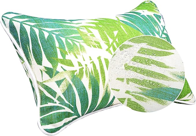 JMGBird Outdoor Pillows Set of 2 with Inserts - 12x20 Waterproof Throw Pillows for Patio Furniture, White Green Palm Leaf Decorative Cushions
