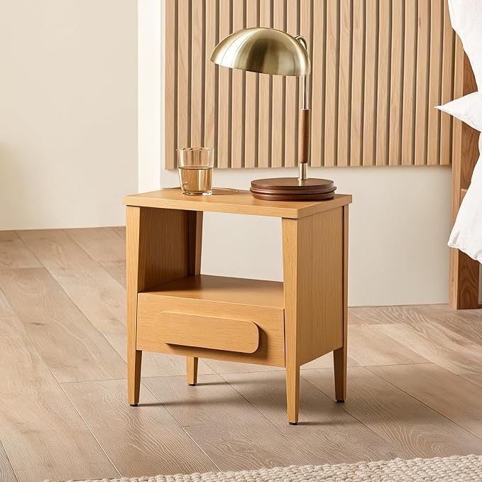 Modern Nightstand, Sustainable Hevea Wood Frame - Bedside Table - Solid Wood End Table with Ball Bearing Slide - Drawers Real Wooden Cabinet Organizer for Bedroom (Light Oak) - Image 8