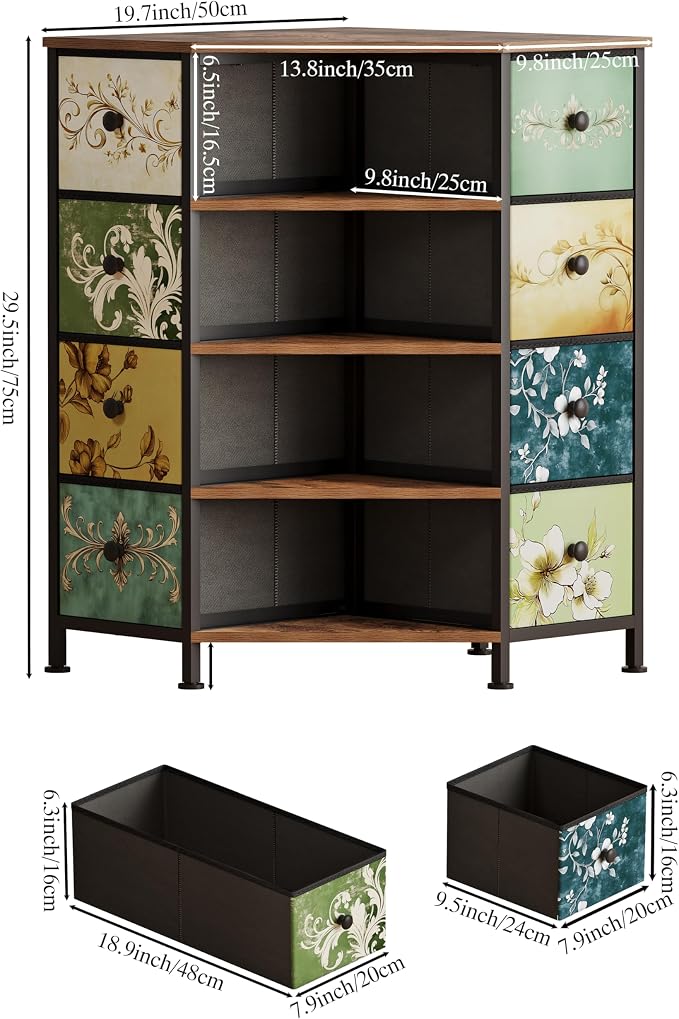 LUMTOK 8 Drawers Corner Dresser with Storage Fabric Drawers and Open Shelves for Small Space，Bedroom，Entryway，Living Room (Retro Pattern) - Image 3