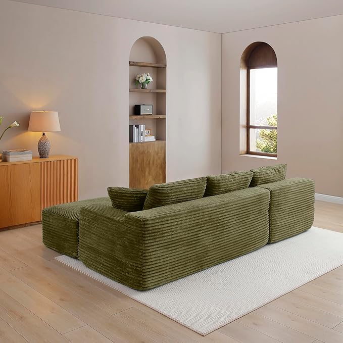 105-Inch L-Shaped Left Facing Corner Compressed Sofa Modular Sectional Boneless Cloud Sofa Floor Foam Couch with Chaise Lounge, Corduroy Corner Boneless Cloud Couch
