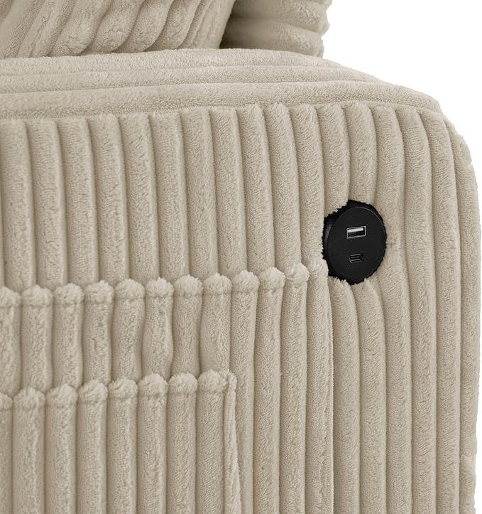 Homes: Inside + Out Reese Modern Plush Chenille Couch with Side Pockets, Cup Holders and USB Ports, Wooden Comfortable Sofa for Living Room, Bedroom and Office, Beige