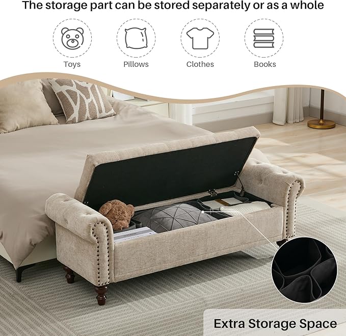 SOFTHION 58.1" Storage Bench Upholstered Chenille End of Bedroom Bed Bench Ottoman with Tufted Cushioned Rolled Arm Large Storage Space for Reading Living Room Entryway, Light Brown - Image 3