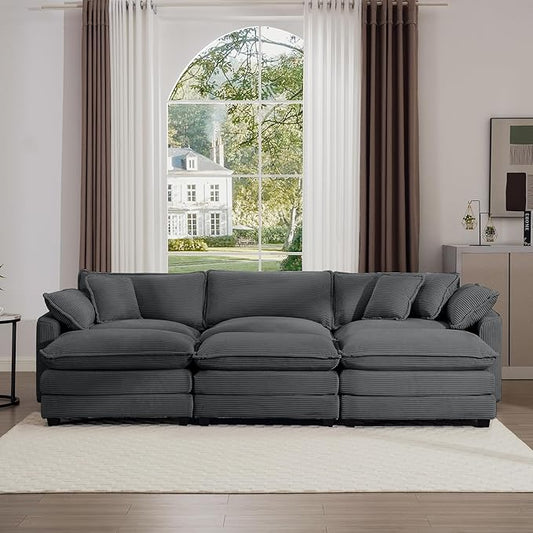 KEIKI 115" Oversized Corduroy Modular Sectional Sofa with 3 Ottoman, High-Density Foam Cushions, Removable Armrests, Upholstered 3-Seater Fluffy Corner Couch with 5 Pillow, for Living Room, Grey