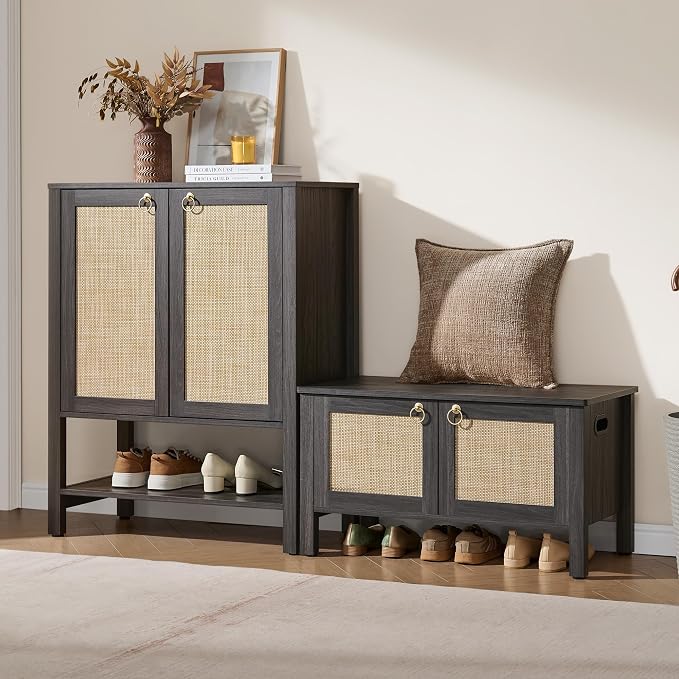 SICOTAS Shoe Cabinet with Storage - 3 Pieces Farmhouse Boho Shoe Organizer with Rattan Doors & Shelves, 5 Tier Free Standing Shoe Rack Storage Cabinet for Entryway, Hallway, Foyer, Closet (Obsidian) - Image 7