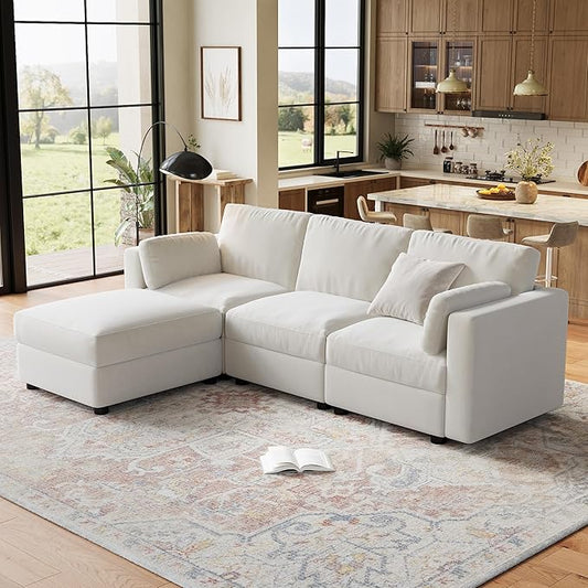 IDEALHOUSE 104" Modular Sectional Sofa, 4 Seater Sectional Couch, L-Shape Modern Sofa with Ottoman, Deep Seat, Oversized Convertible Modular Couch for Living Room Apartment Office, Chenille, Beige