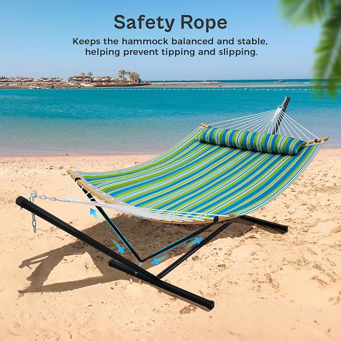 SUPERJARE Curved-Bar Hammock with Stand, 2 Person Heavy Duty Hammock Frame, Detachable Pillow & Portable Carrying Bag, Perfect for Outdoor & Indoor, Thin Blue and Green Stripes - Image 5